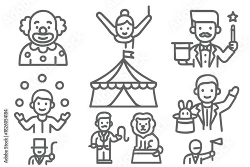 Outline icons set featuring various circus performers, animals, and the main tent structure