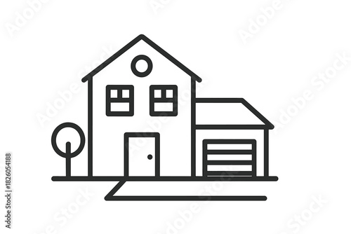 Simple outline icon of a residential house with an attached garage and small front yard tree