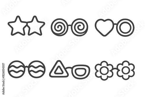 Funny party glasses featuring various shapes like stars, hearts, spirals, and flowers