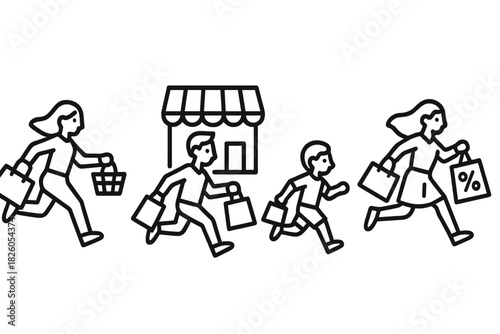 Excited customers running from store carrying shopping bags during massive sale