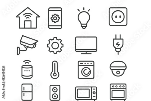 Outline icons for smart home automation devices, security systems, and modern technology