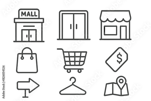 Collection of shopping and retail symbols including storefront, cart, bag, and location map