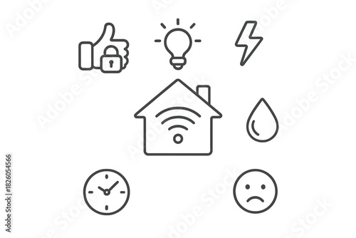 Smart home management and utility symbols covering security, energy, water, and time status