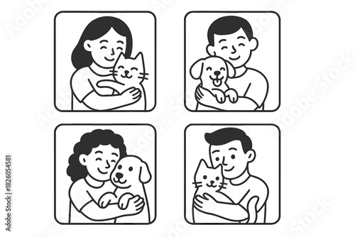 Diverse individuals happily embracing their beloved domestic pets including cats and dogs