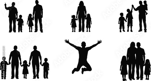 Black Silhouette Vector Set of Diverse Families and Man Jumping in Joy, Representing Happiness, Freedom, Parenthood, Kinship, Childhood, and Active Life on White.