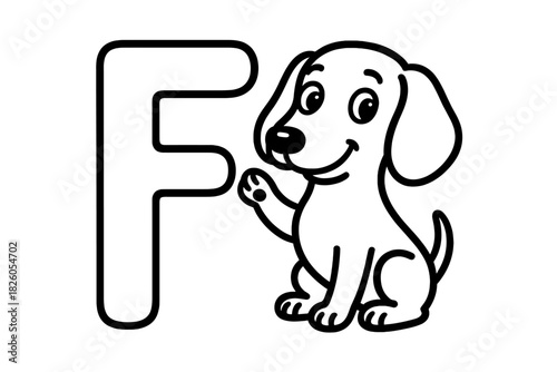 Cute puppy sitting beside capital letter F for English alphabet learning