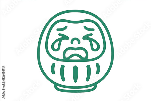 Minimalist green outline of a crying Japanese Daruma doll head symbolizing failure and misfortune