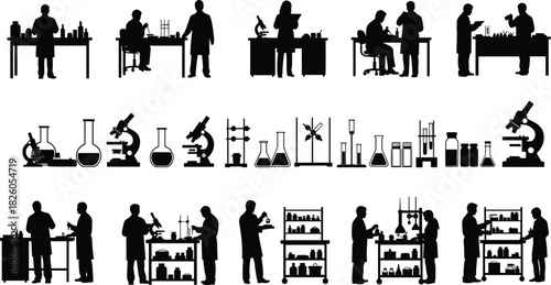 Black Silhouette Vector Set of Scientists Working in Laboratory with Equipment, Featuring Microscopes, Beakers, Test Tubes, and Chemical Research for Education and Health.