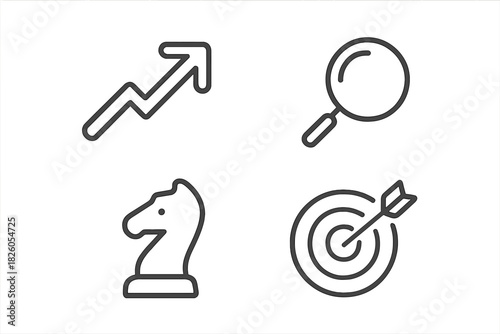Business strategy and success concepts with growth arrow, magnifying glass, chess knight, and target symbols