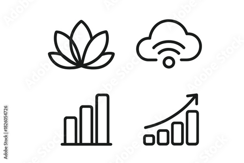 Outline symbols for spirituality, cloud technology, and financial growth charts