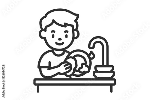 Smiling person washing dishes in the kitchen sink performing household chores and cleaning