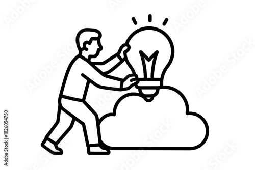 Man placing a glowing lightbulb idea onto a cloud computing storage icon concept