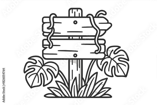 Old wooden blank signpost with tropical jungle leaves and hanging vines