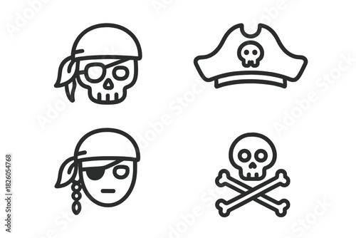 Four outline pirate symbols including Jolly Roger skull and crossbones with tricorn hat