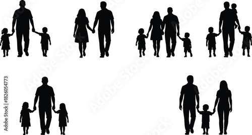 Black Silhouette Vector Set of Diverse Families Walking Together Holding Hands: Parents and Children Representing Childhood, Kinship, Growth, and Love on White Background.