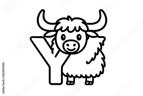 Cute cartoon yak character standing next to capital letter Y for alphabet learning