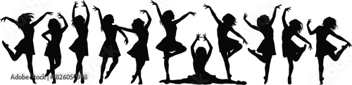 Large group of female dancers and ballerina silhouettes set, performing various graceful poses, isolated on white background, symbolizing choreography, ballet, fitness, and artistic expression.
