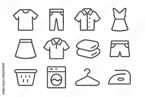 Simple outline icons set for laundry, washing, and clothing care symbols used in household tasks