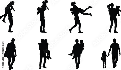 Happy parents and children silhouettes set, showing fun activities like carrying, piggyback rides, walking, and holding hands, isolated on white background, symbolizing love and family.