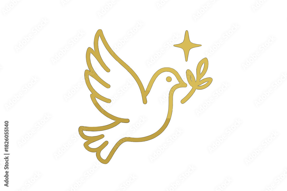 Obraz premium Golden line art dove flying with olive branch and sparkle symbol of peace and hope