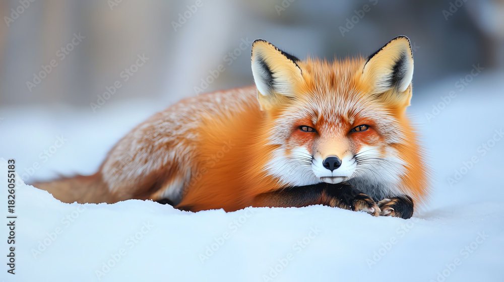 Fototapeta premium Closeup red fox resting on snowy ground, calm winter mood