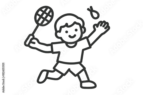 Child playing badminton, swinging racket to hit shuttlecock
