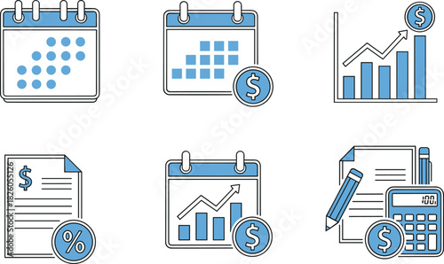 Financial planning and scheduling vector icon set, including calendars, growth charts, calculator, reports, and dollar signs, representing business, economy, and investment management.