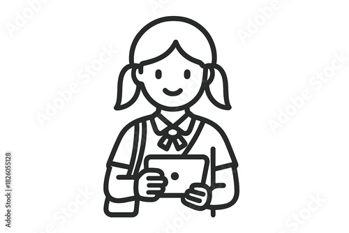 Young student girl with pigtails holding a digital tablet for online learning