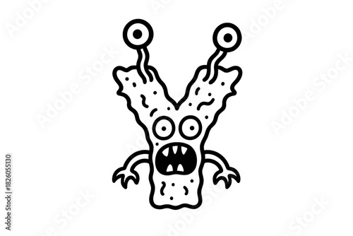 Scary cartoon monster character with multiple eyes and sharp teeth in black and white outline