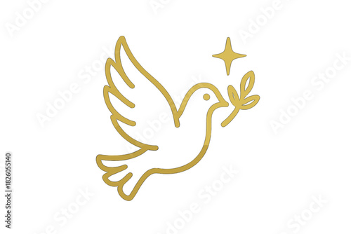 Golden line art dove flying with olive branch and sparkle symbol of peace and hope