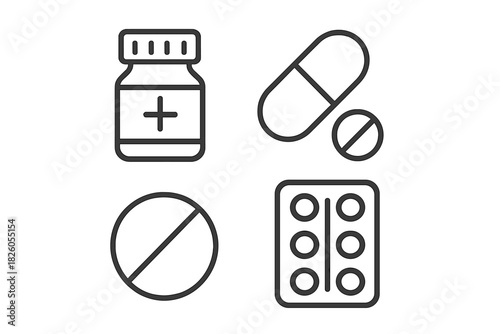 Collection of outline icons showing pharmaceutical products, medication forms, pills, capsules, and blister packs