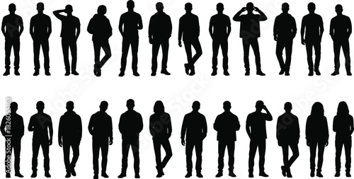 Large set of diverse casual standing people silhouettes, including men and women in various poses, isolated on white, representing urban crowd, generation Z, and youthful style.