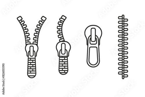 Set of zipper components showing open and closed fasteners and separate teeth track