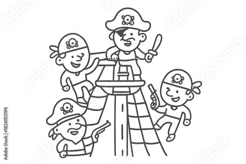 Cheerful cartoon pirates climbing a ship mast structure ready for swashbuckling adventure