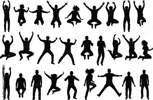 Group of energetic people jumping and dancing in various dynamic poses, joyful human silhouettes, active movement vector illustration set