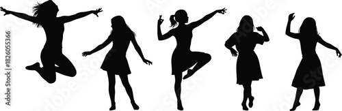 Five dancing girl silhouettes in dynamic poses, joyful female figures jumping and moving, black vector illustration of energetic motion