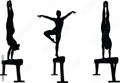 Gymnasts performing balance beam poses in athletic silhouette positions, showcasing handstands, balance skills, strength, flexibility and artistic gymnastics