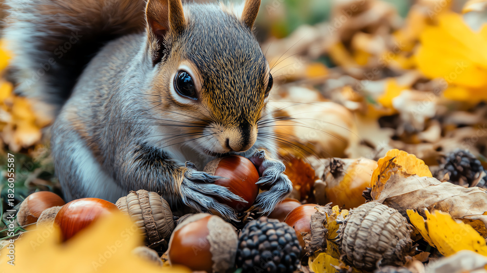 Obraz premium Closeup squirrel with acorn and fruit mix, soft forest texture