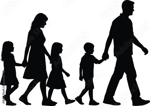 Silhouette of family walking together holding hands parents with children group illustration isolated on white background family concept vector
