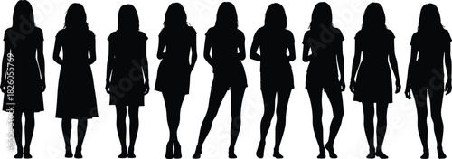 Collection of standing young woman silhouettes in various poses fashion female figure vector illustration isolated on white background design
