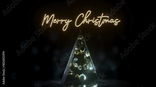 A merry gold star and ball decoration on a winter fir tree illustration design for a new year greeting card celebration with falling snow and a snowflake vector