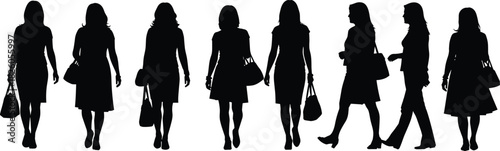 Silhouette collection of women walking with handbags elegant female figures in various poses fashion lifestyle vector illustration set