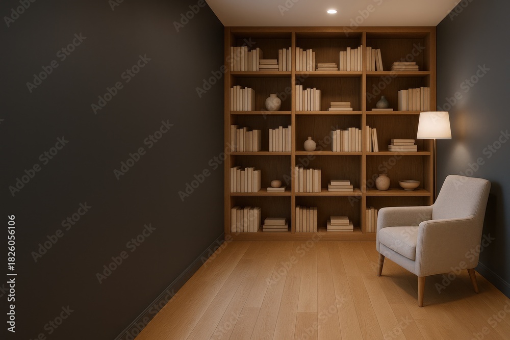 Fototapeta premium Cozy Reading Nook with Bookshelf, Armchair, and Warm Lighting in a Modern Interior Design