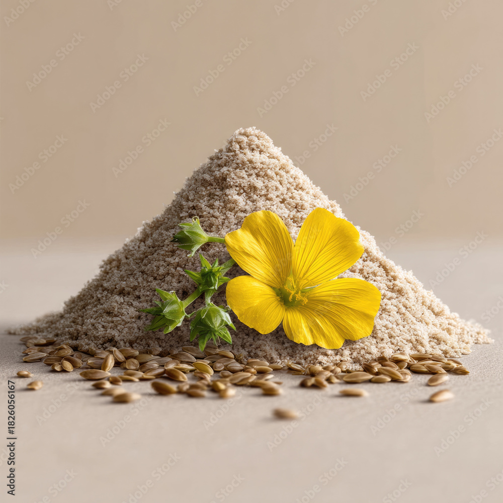 Fototapeta premium Camelina seed powder with yellow flower and green leaves on beige background, natural healthy ingredient, organic superfood, closeup, soft lighting