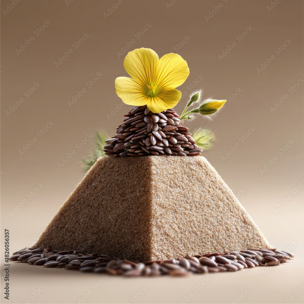 Fototapeta premium Pyramid shape of brown sand decorated with flax seeds and yellow flax flower, natural composition, minimal background