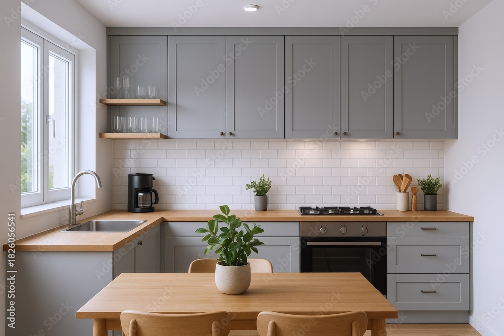 Fototapeta premium Modern Kitchen Interior Design with Gray Cabinets, Wooden Countertops, and Natural Light