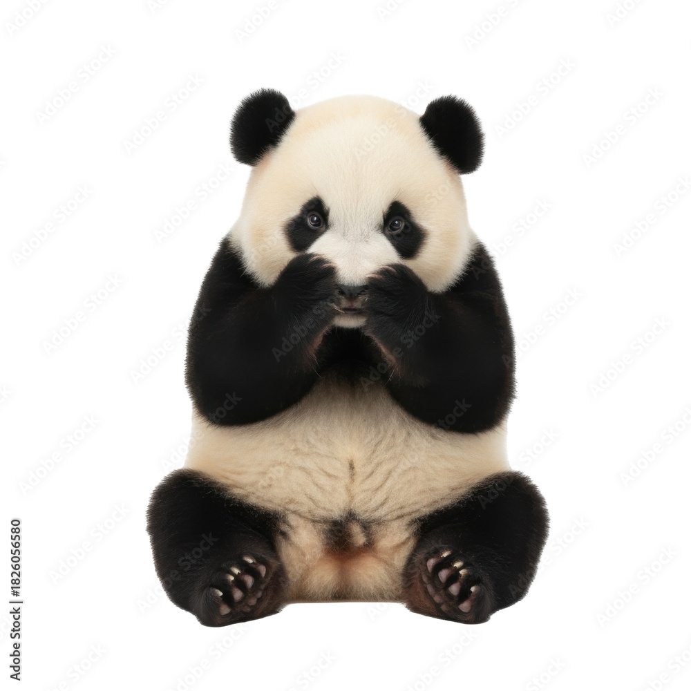 Obraz premium Adorable Giant Panda Cub Sitting and Covering Its Mouth in a Studio Setting