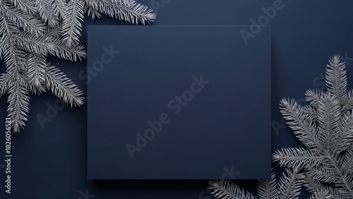 Elegant Winter Holiday Background with Silver Pine Branches and Dark Blue Panel
