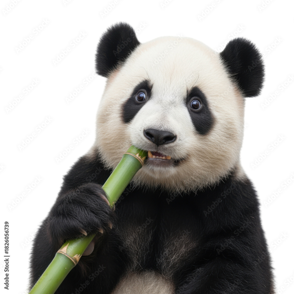 Naklejka premium Adorable Giant Panda Enjoying a Fresh Bamboo Shoot Isolated on Black Background