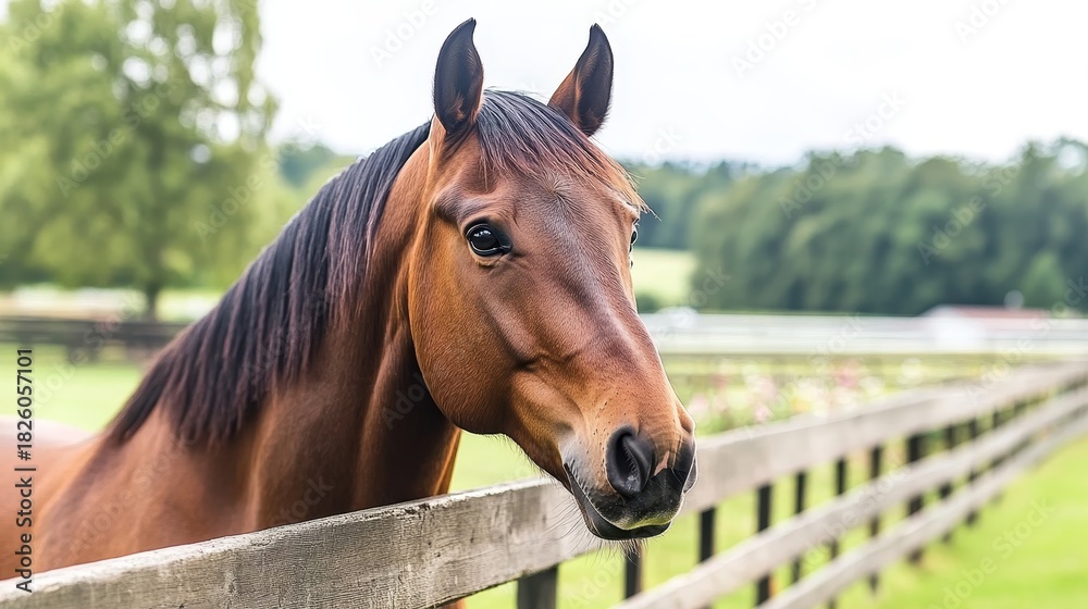 Fototapeta premium Beautiful Morgan Horse Gazing Over Rustic Wooden Fence in Picturesque Rural Landscape at Sunset